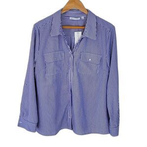 Notations Blue White Striped Long Sleeve Button Down Blouse size L Roll Tab NWT